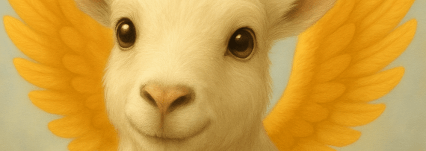 A soft, dreamy illustration of Ashrick the goat-phoenix mascot, standing against a blurred sky background. He has creamy fur, golden-orange wings spread wide, and a curious, bright-eyed expression as if sniffing toward the camera.