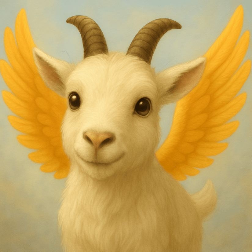 A soft, dreamy illustration of Ashrick the goat-phoenix mascot, standing against a blurred sky background. He has creamy fur, golden-orange wings spread wide, and a curious, bright-eyed expression as if sniffing toward the camera.