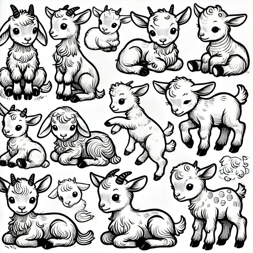 Imperfect mindful colouring page with hairy goats missing ears or a body or not quite formed properly. 