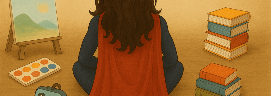 A female superhero with long wavy brown hair sits cross-legged on the floor in front of a red cape, surrounded by books, art supplies, a painting easel, and creative tools, symbolizing multi-passionate creativity and growth.