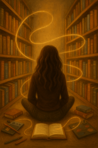 A woman with long wavy brown hair sits cross‑legged on the floor of a golden‑lit library, surrounded by books, sketchpads, and creative tools, as glowing threads of light weave between the shelves, symbolizing connection and discovery.